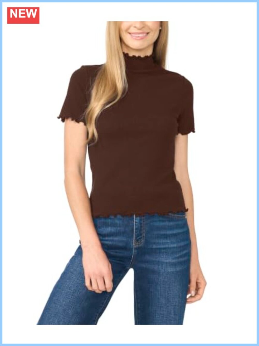 Lettuce Trim Mock Neck Short Sleeve Tee Pullover Casual Top